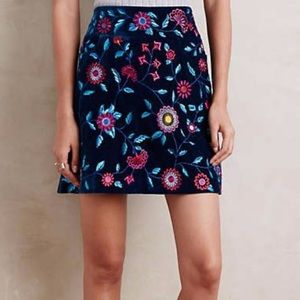 Anthropologie Velvet & Embroidered Mini Skirt